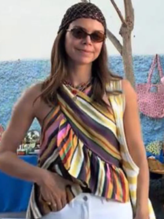 Colorful Stripe Print Backless Ruffle Tank Top