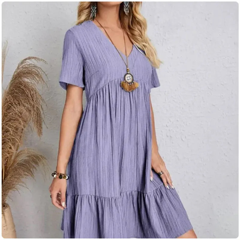 Women's V-Neck Short Sleeve Ruffle Peplum Dress