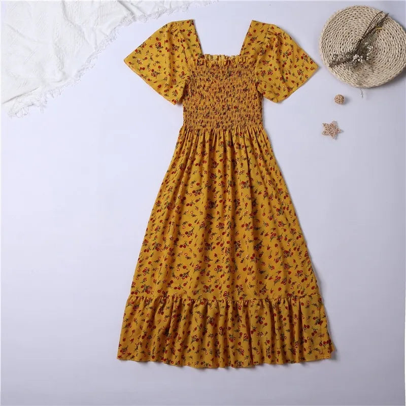 Women's Square Neck Butterfly Sleeve Floral Chiffon Dress