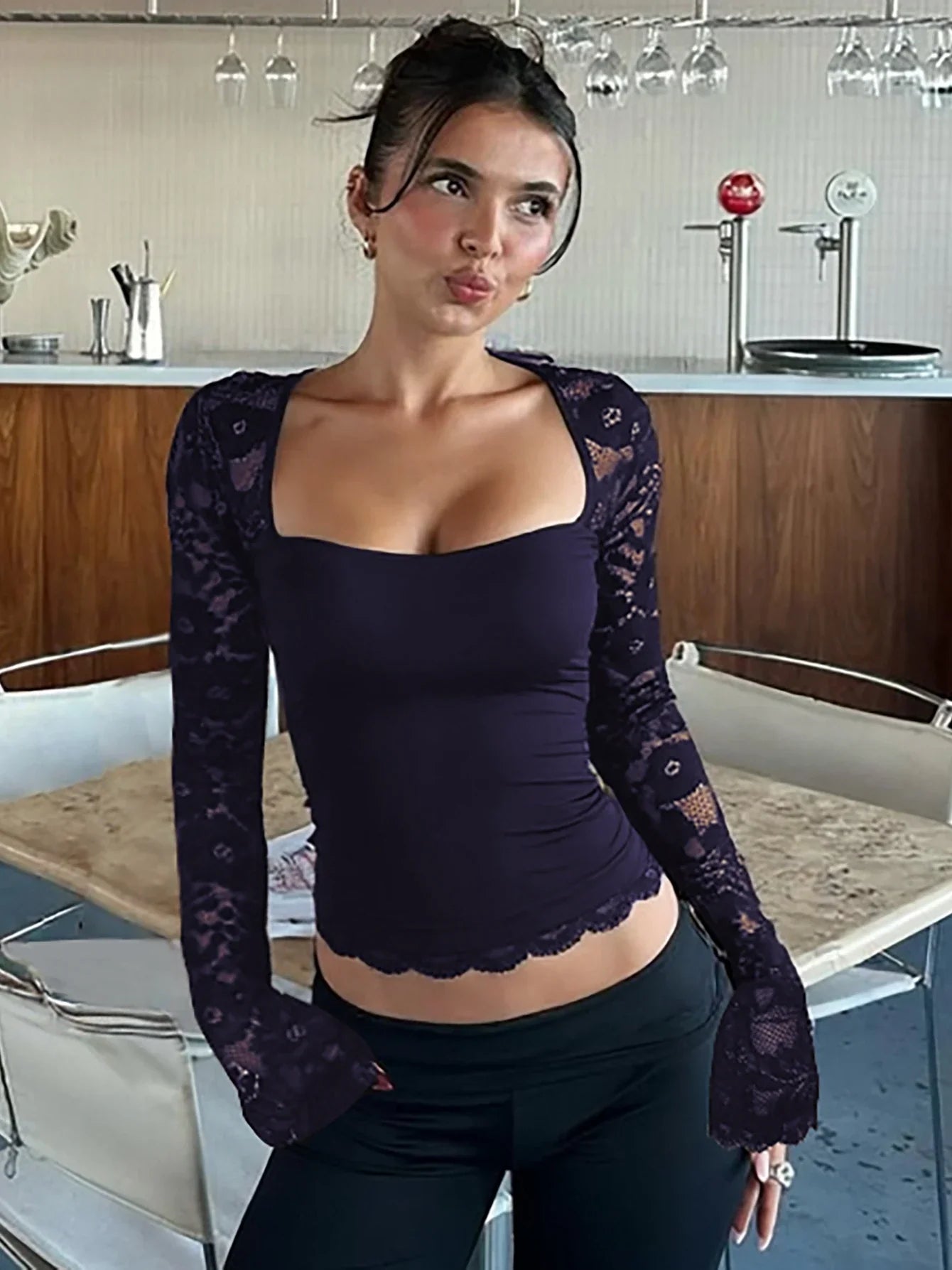 Square Collar Lace Patchwork Crop Top | Sheer Long Sleeve Party T-Shirt