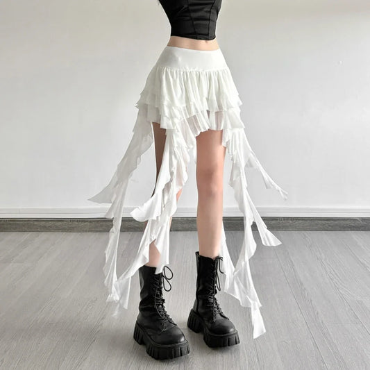 SylCue Ruched Elegant Mini Skirts Women Y2K Sweet Style Elastic Waist Ruffles Tassel Street Fashion Trend Solid Classic Outfits