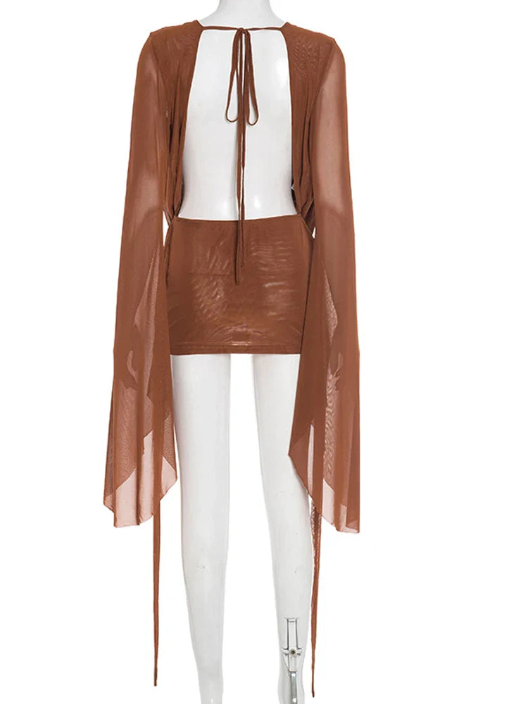 Flare Sleeve V-Neck Sheer Mesh Mini Dress | Women's Ruched Beach Cover-Up