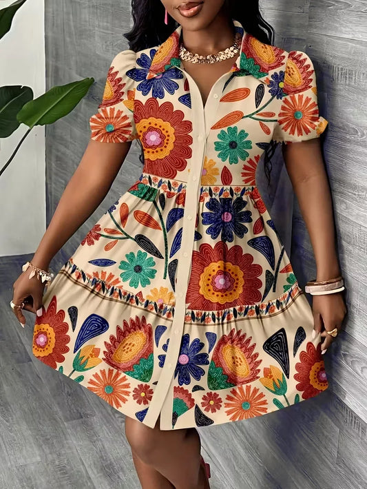 Women's Turn-Down Collar Puff Sleeve Floral Print A-Line Dress