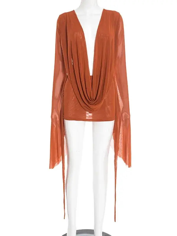 Flare Sleeve V-Neck Sheer Mesh Mini Dress | Women's Ruched Beach Cover-Up